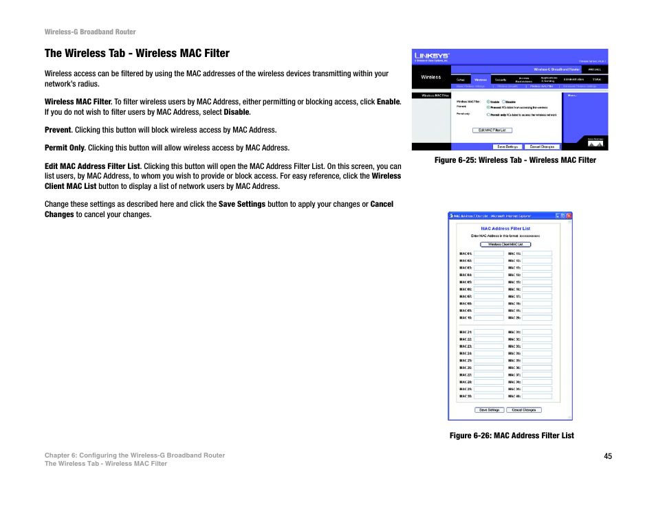 The wireless tab - wireless mac filter | CUE Wi-Fi Access Point WRT54GL User Manual | Page 53 / 107