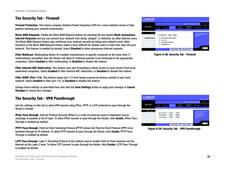 The security tab - firewall, The security tab - vpn passthrough | CUE Wi-Fi Access Point WRT54GL User Manual | Page 56 / 107