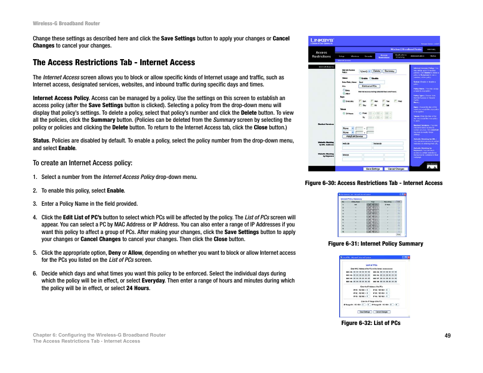 The access restrictions tab - internet access | CUE Wi-Fi Access Point WRT54GL User Manual | Page 57 / 107