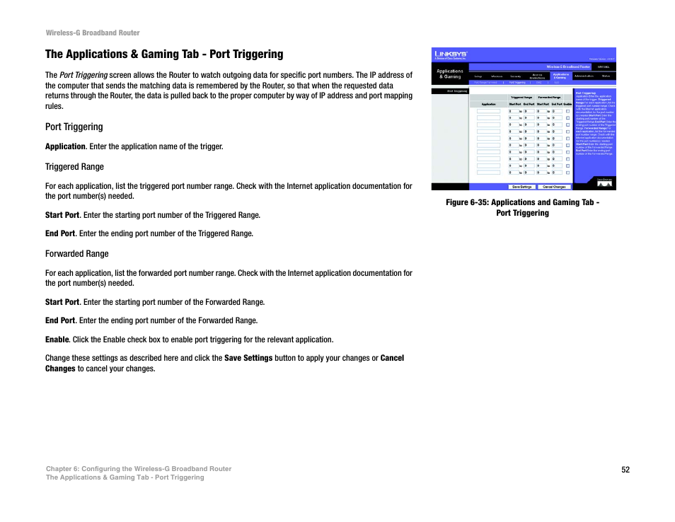 The applications & gaming tab - port triggering | CUE Wi-Fi Access Point WRT54GL User Manual | Page 60 / 107