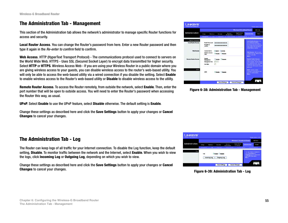 The administration tab - management, The administration tab - log | CUE Wi-Fi Access Point WRT54GL User Manual | Page 63 / 107