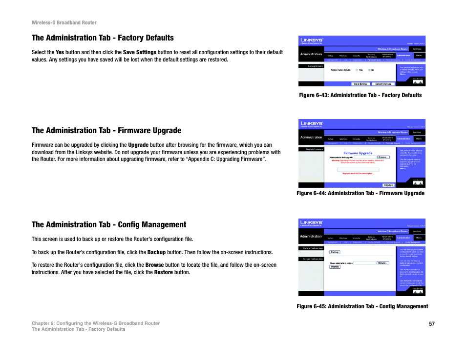 The administration tab - factory defaults, The administration tab - firmware upgrade, The administration tab - config management | CUE Wi-Fi Access Point WRT54GL User Manual | Page 65 / 107