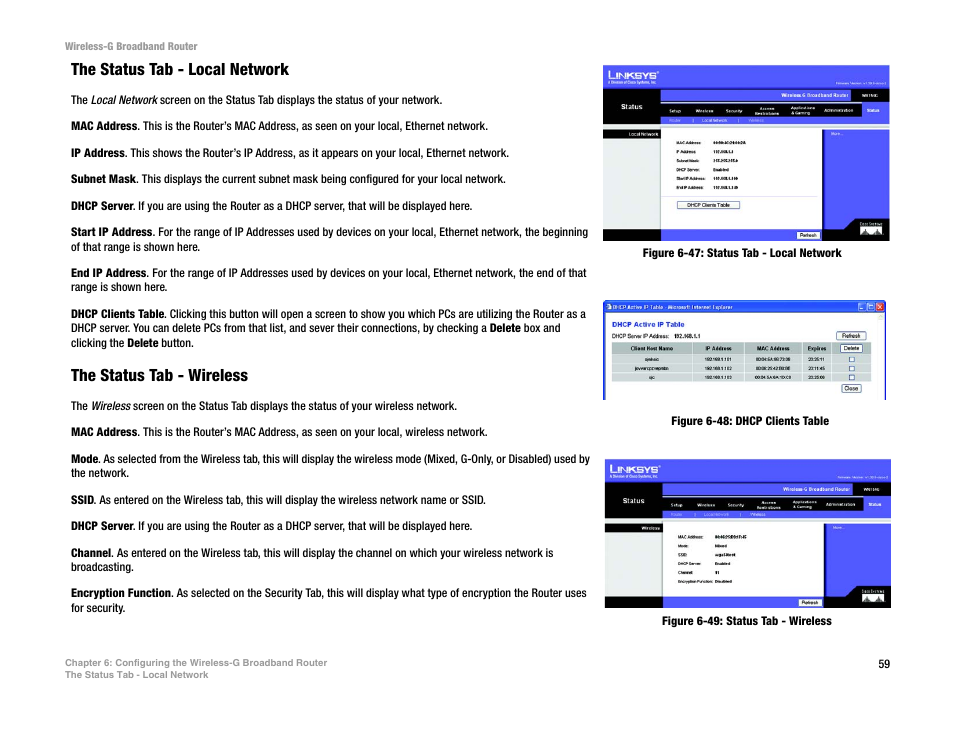 The status tab - local network, The status tab - wireless | CUE Wi-Fi Access Point WRT54GL User Manual | Page 67 / 107