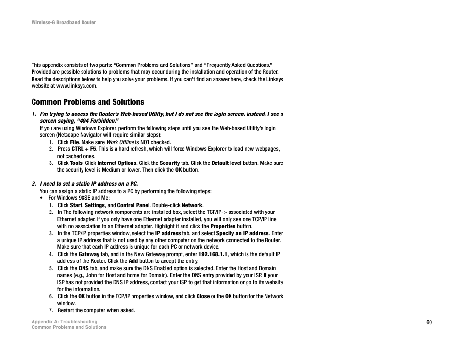 Appendix a: troubleshooting, Common problems and solutions | CUE Wi-Fi Access Point WRT54GL User Manual | Page 68 / 107