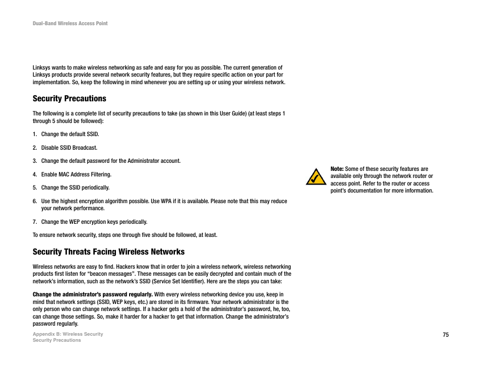 Appendix b: wireless security, Security precautions, Security threats facing wireless networks | CUE Wi-Fi Access Point WRT54GL User Manual | Page 83 / 107