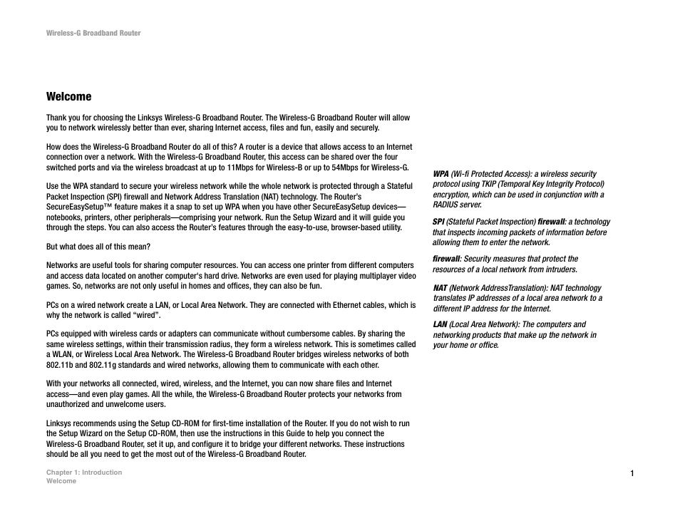 Chapter 1: introduction, Welcome | CUE Wi-Fi Access Point WRT54GL User Manual | Page 9 / 107