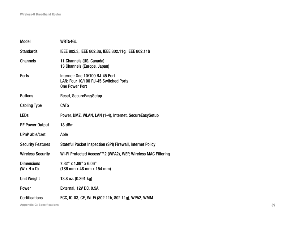 Appendix g: specifications | CUE Wi-Fi Access Point WRT54GL User Manual | Page 97 / 107