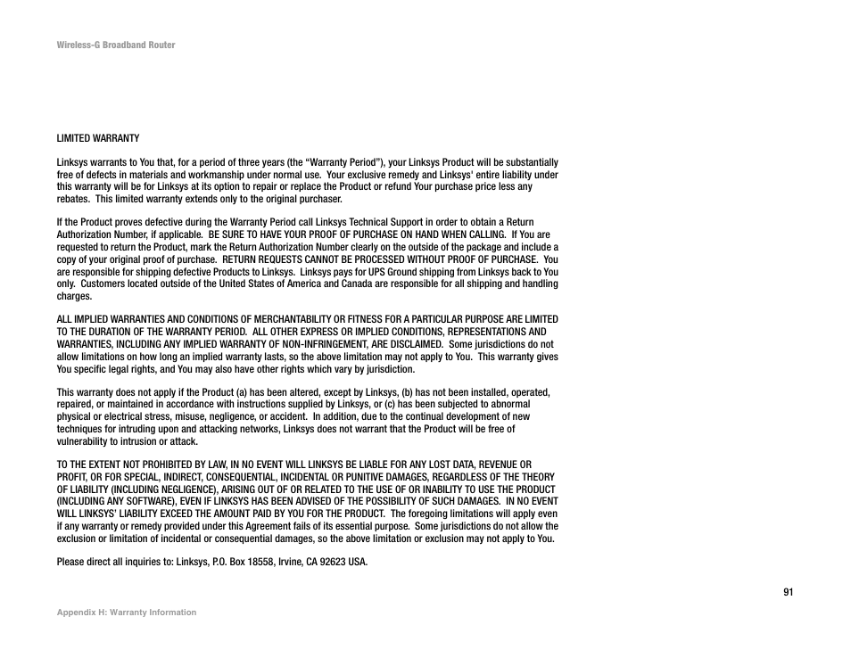 Appendix h: warranty information | CUE Wi-Fi Access Point WRT54GL User Manual | Page 99 / 107
