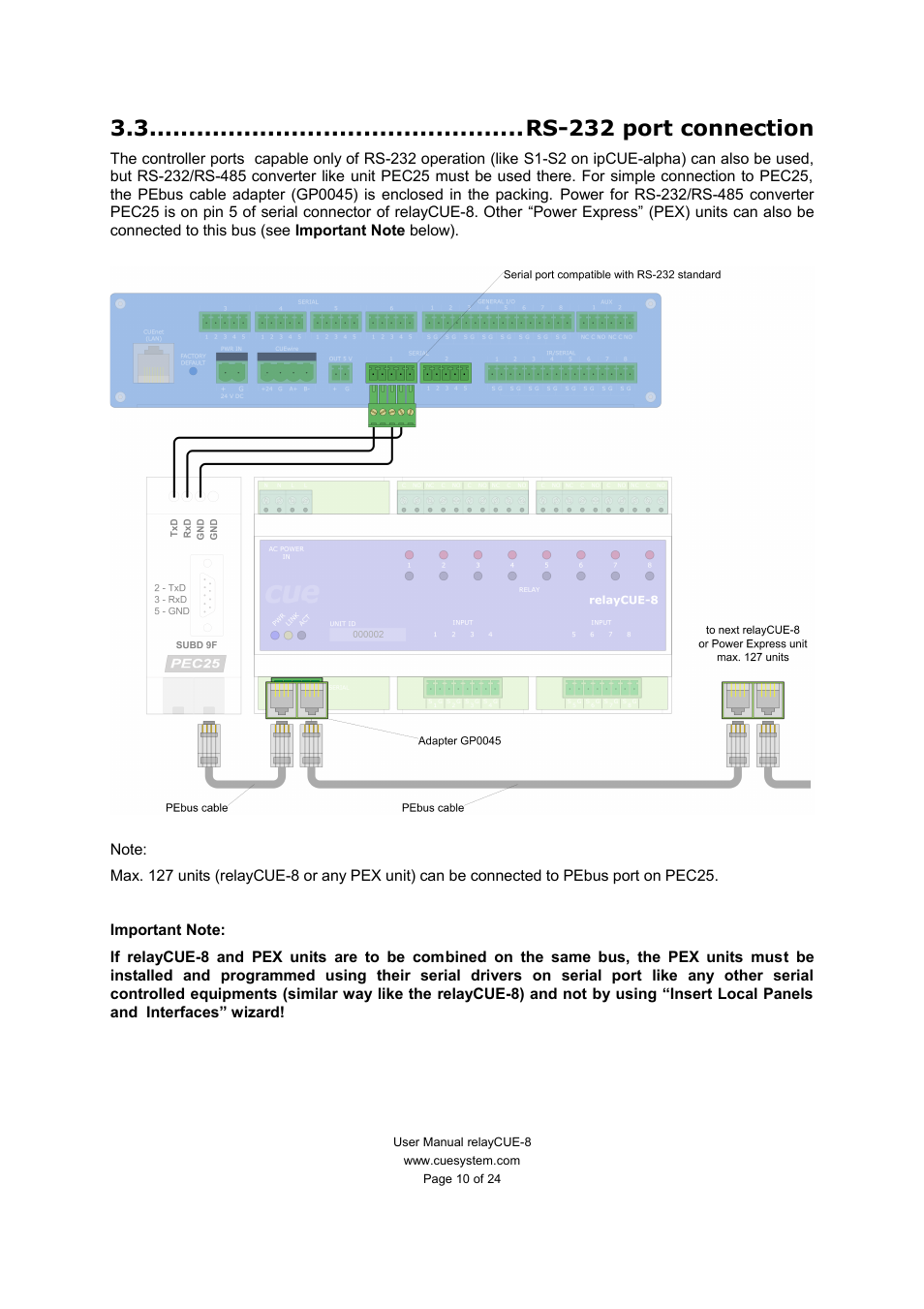 Rs-232 port connection | CUE relayCUE-8 User Manual | Page 10 / 24