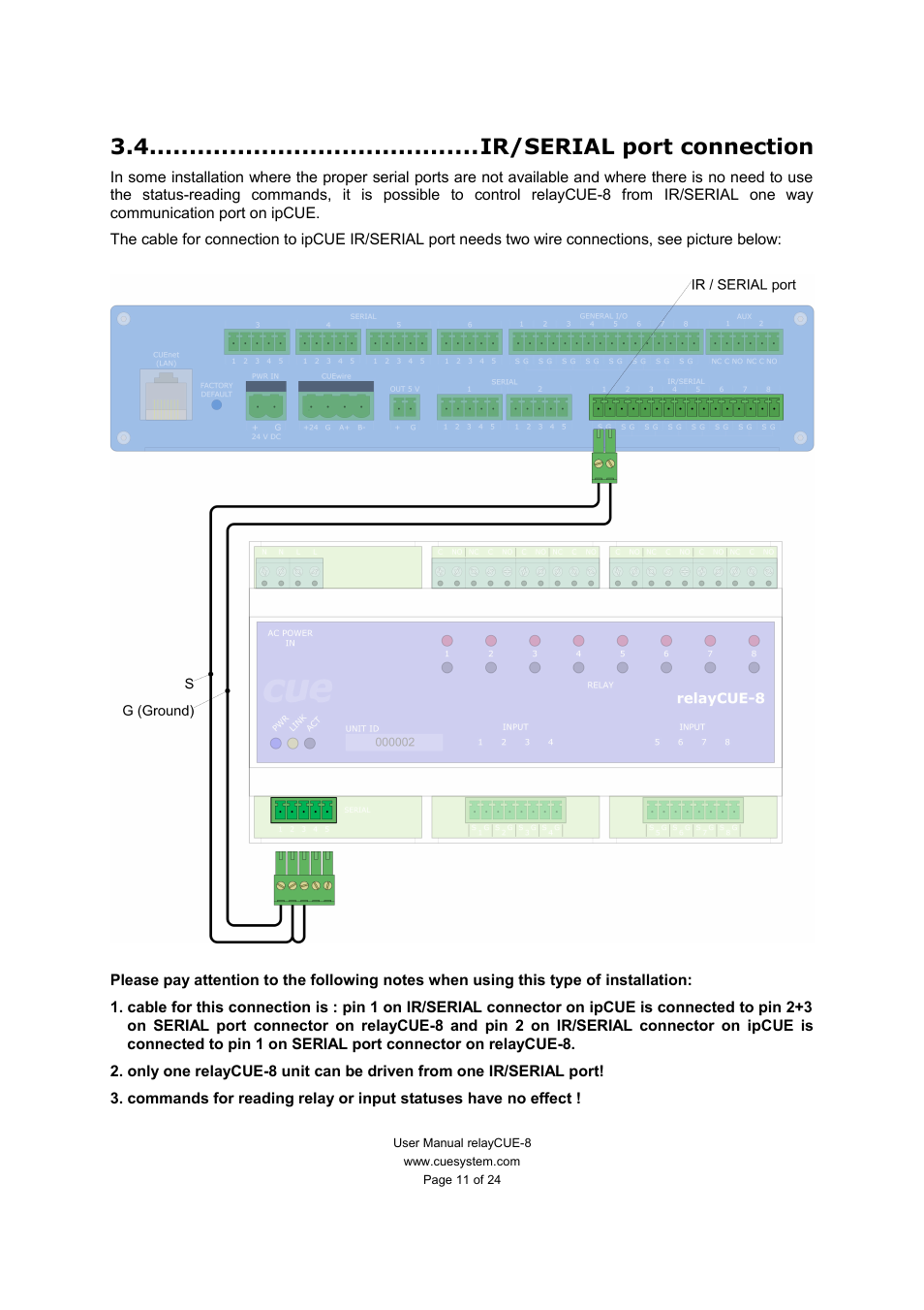 Ir/serial port connection | CUE relayCUE-8 User Manual | Page 11 / 24