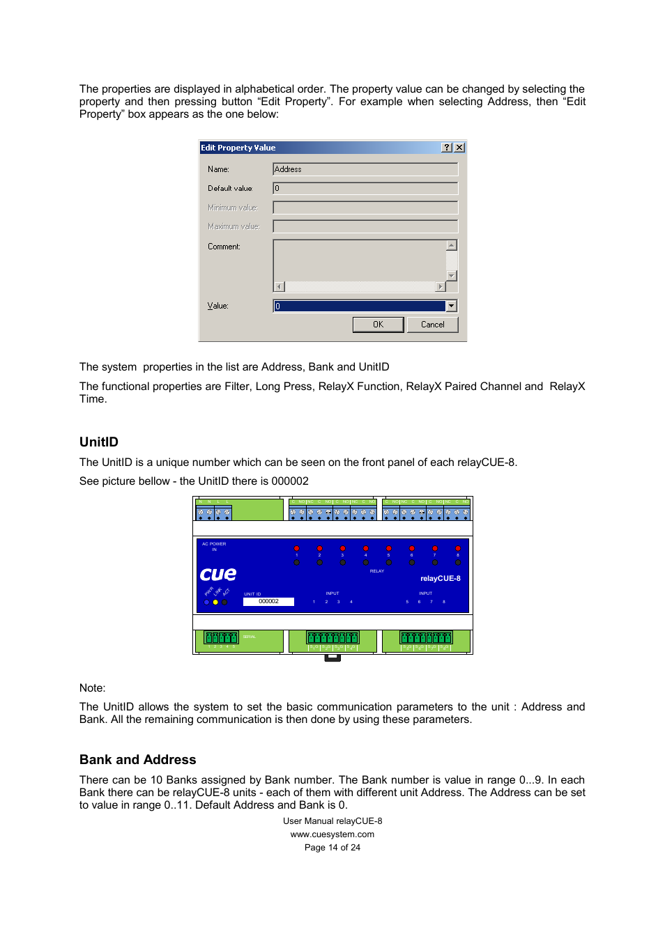 Unitid, Bank and address | CUE relayCUE-8 User Manual | Page 14 / 24