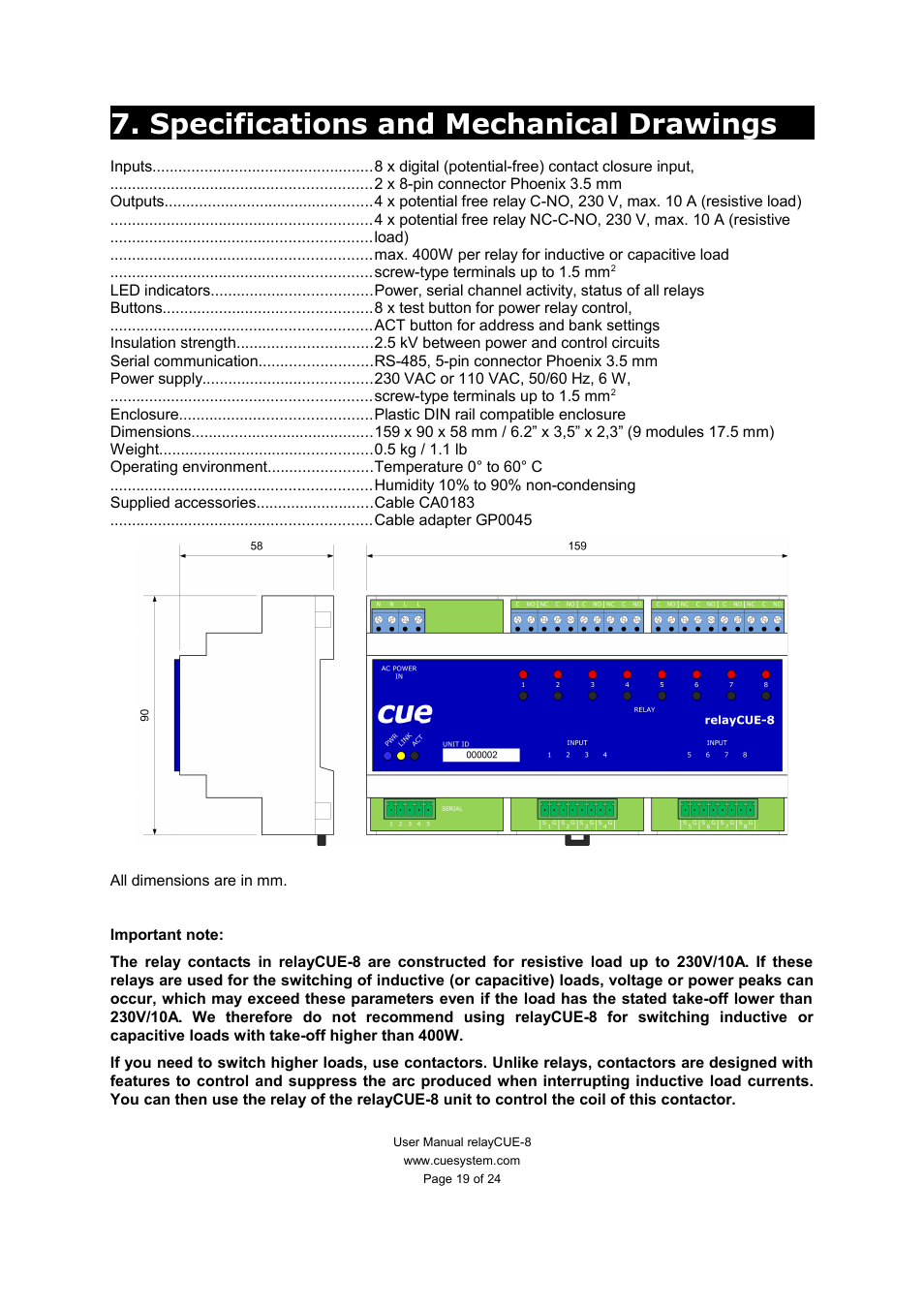 Specifications and mechanical drawings | CUE relayCUE-8 User Manual | Page 19 / 24