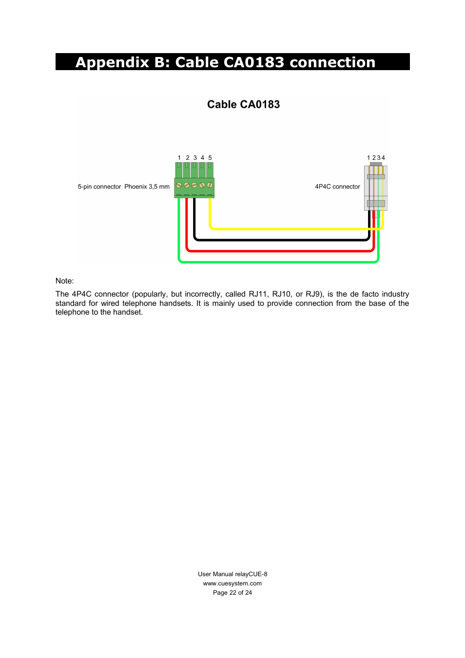 Appendix b: cable ca0183 connection | CUE relayCUE-8 User Manual | Page 22 / 24