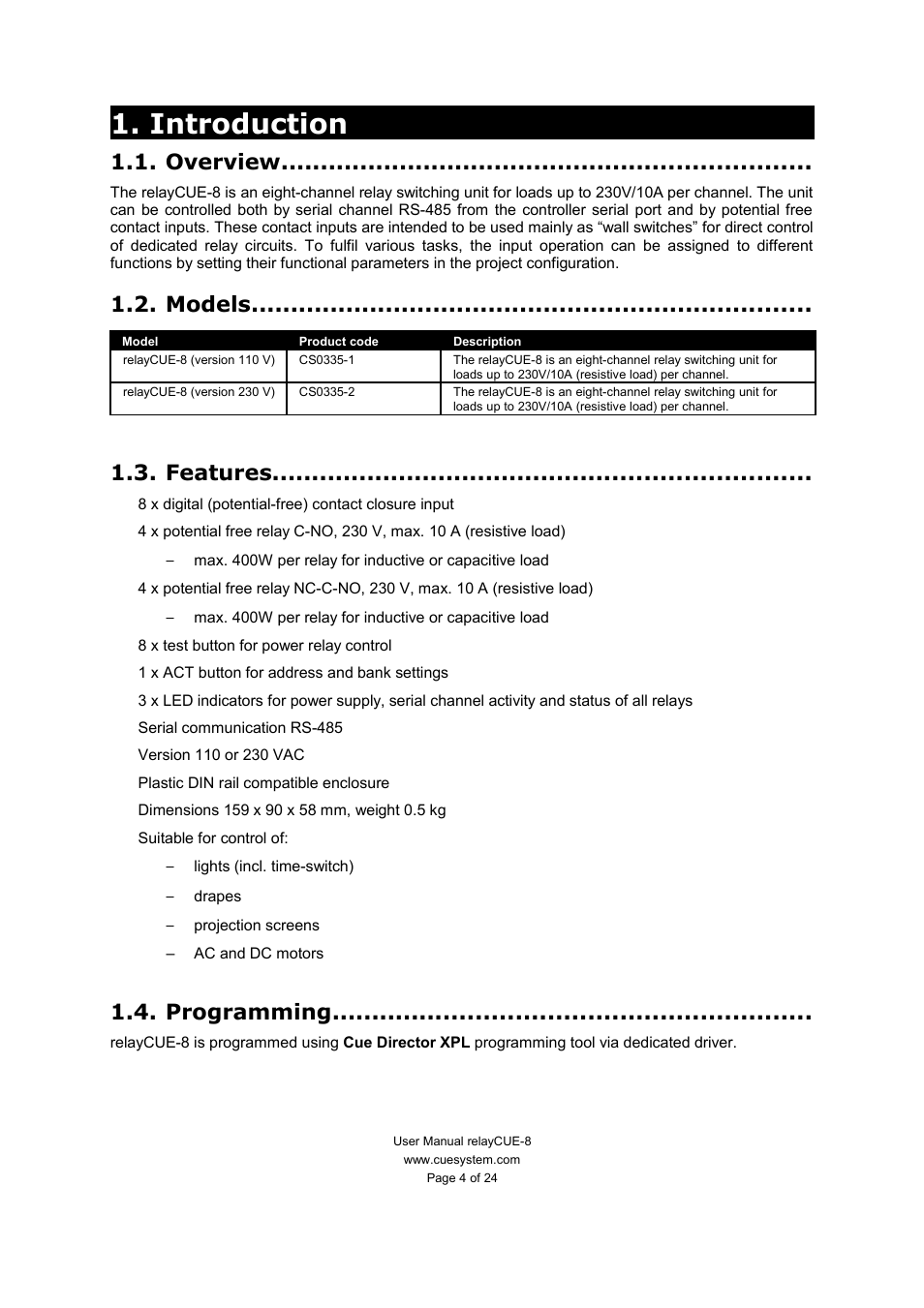 Introduction, Overview, Models | Features, Programming | CUE relayCUE-8 User Manual | Page 4 / 24