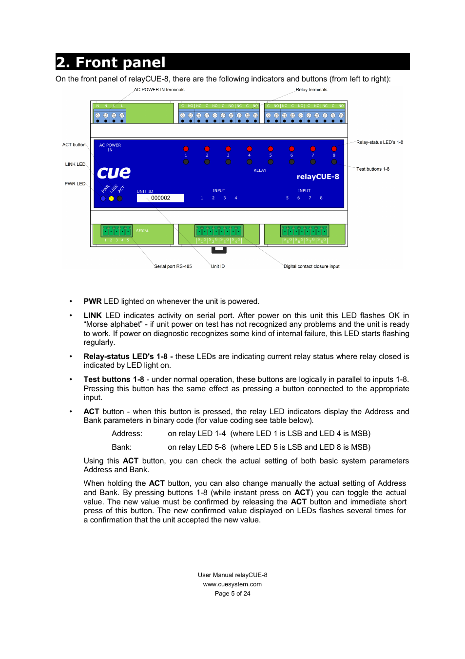 Front panel | CUE relayCUE-8 User Manual | Page 5 / 24