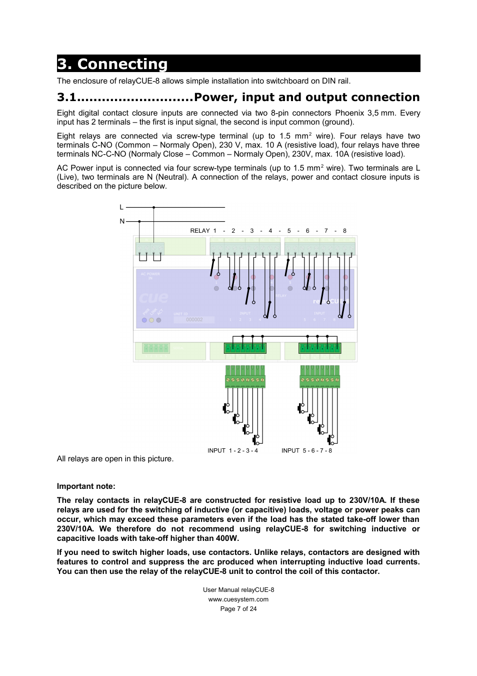 Connecting, Power, input and output connection | CUE relayCUE-8 User Manual | Page 7 / 24