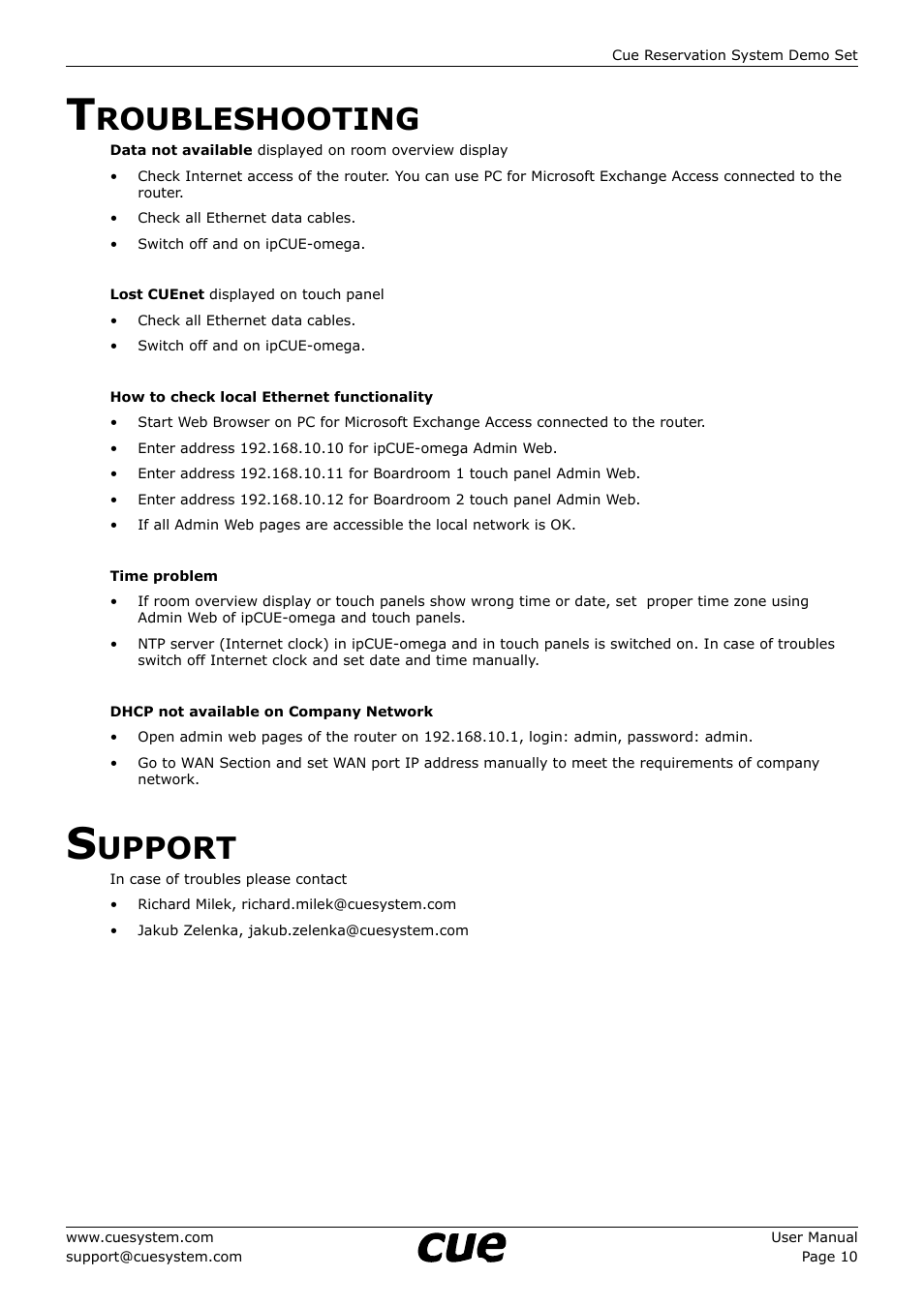 Troubleshooting, Support, Roubleshooting | Upport | CUE CRS DemoSet User Manual | Page 10 / 12