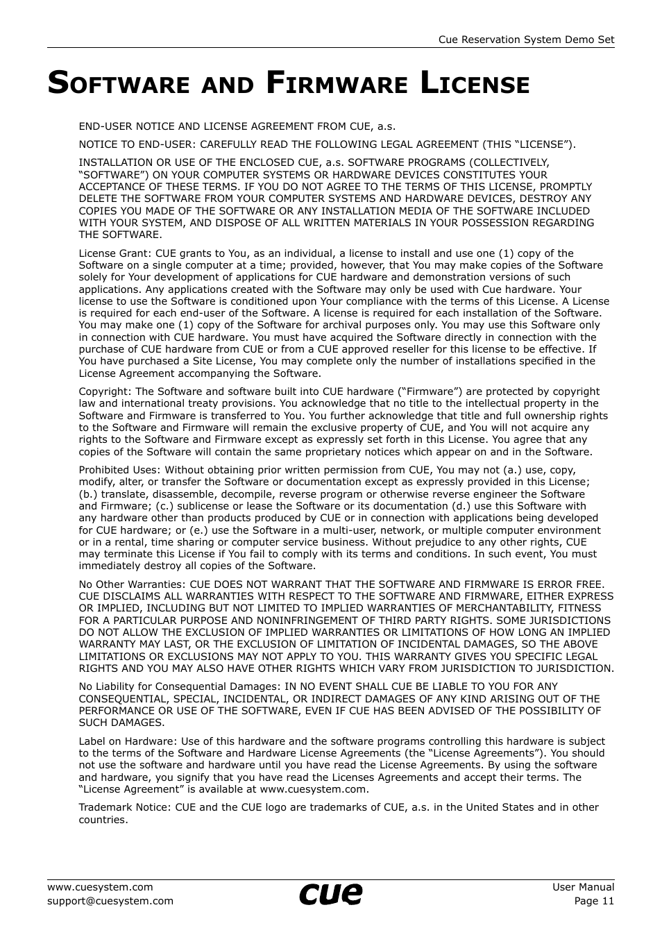 Software and firmware license, Oftware, Irmware | Icense | CUE CRS DemoSet User Manual | Page 11 / 12