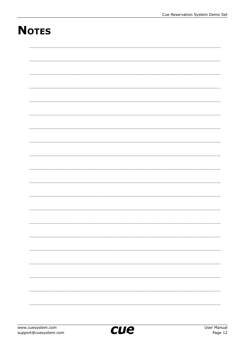 Notes, Otes | CUE CRS DemoSet User Manual | Page 12 / 12
