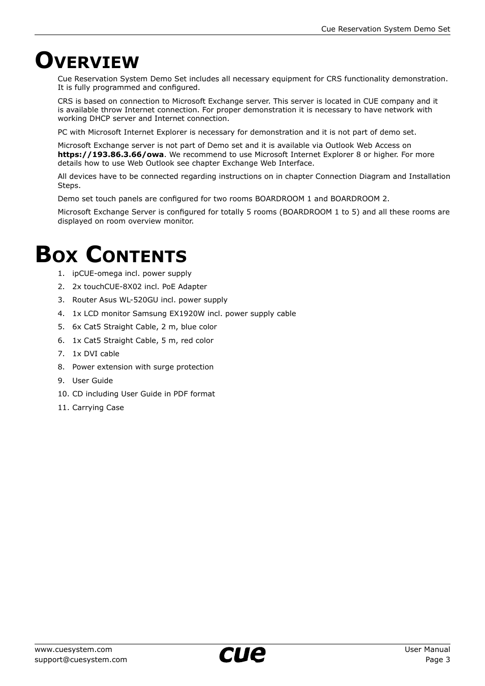 Overview, Box contents, Verview | Ontents | CUE CRS DemoSet User Manual | Page 3 / 12
