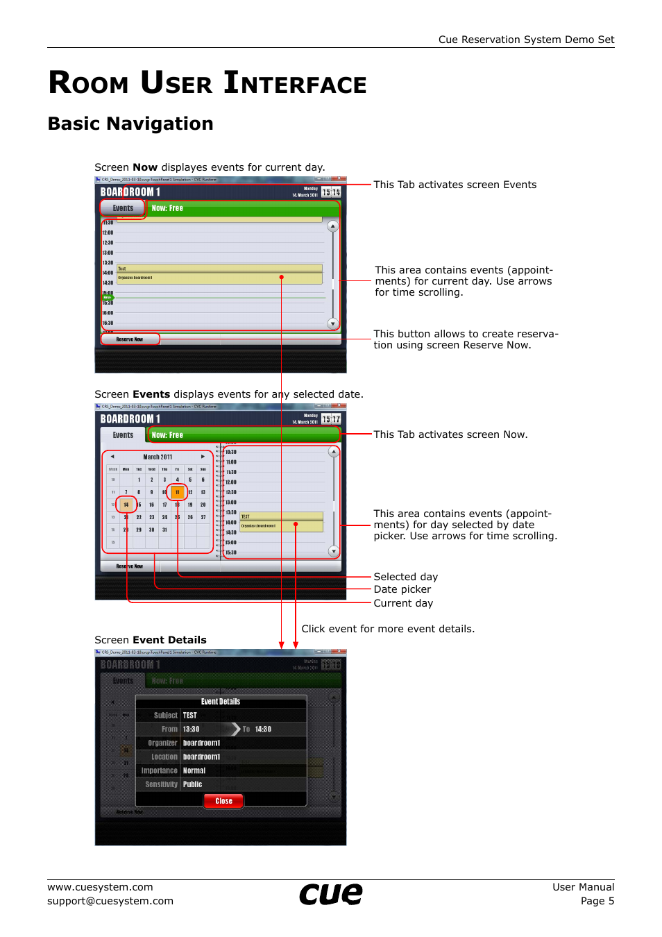 Room user interface, Basic navigation, Nterface | CUE CRS DemoSet User Manual | Page 5 / 12