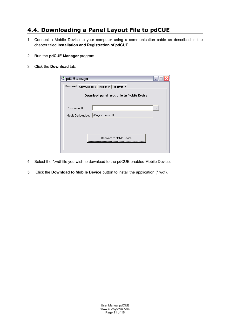 Downloading a panel layout file to pdcue | CUE pdCUE User Manual | Page 11 / 16
