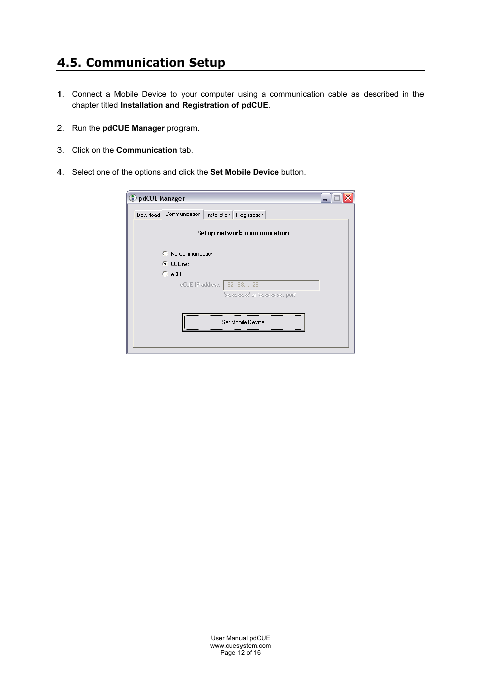 Communication setup | CUE pdCUE User Manual | Page 12 / 16