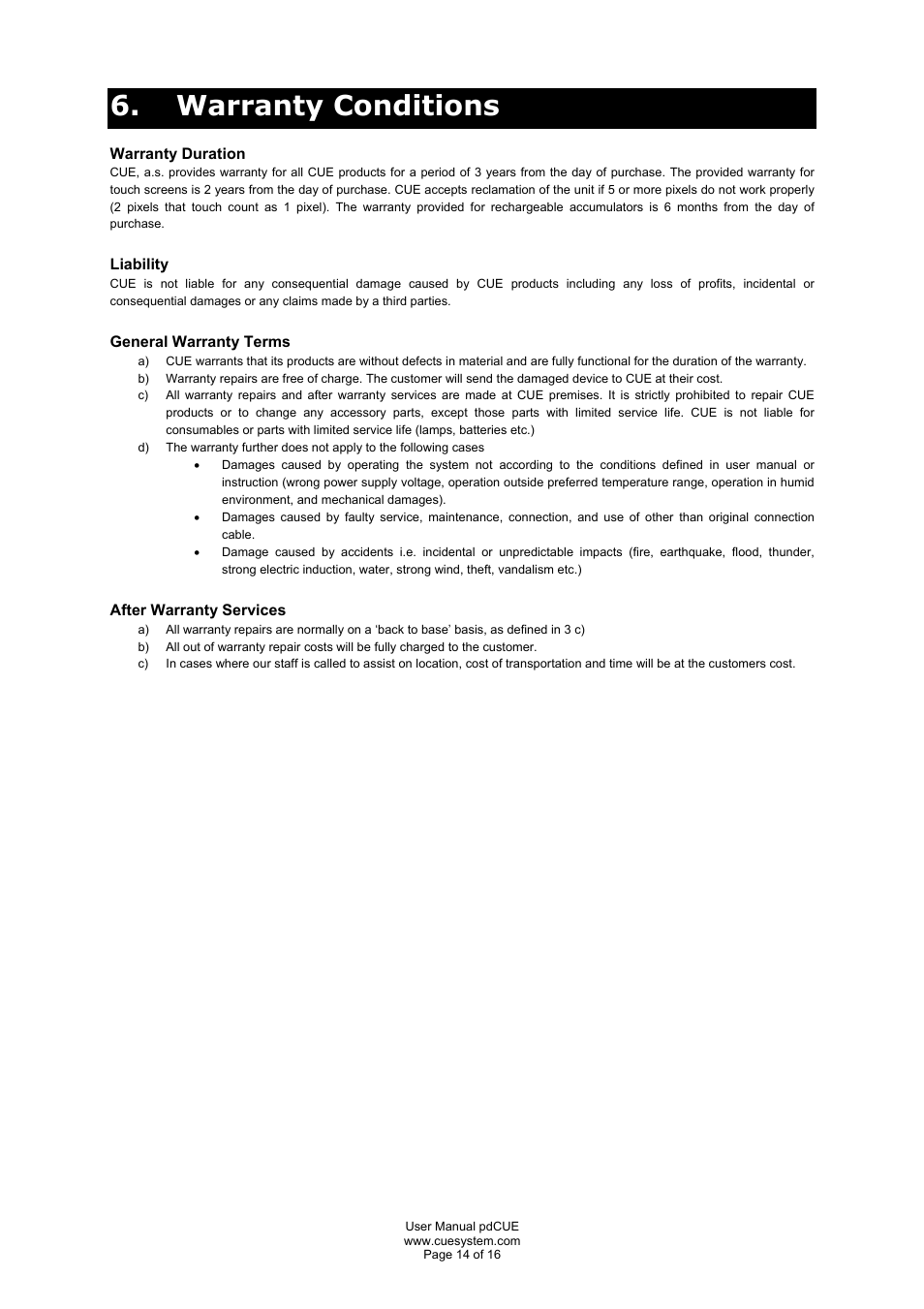 Warranty conditions | CUE pdCUE User Manual | Page 14 / 16