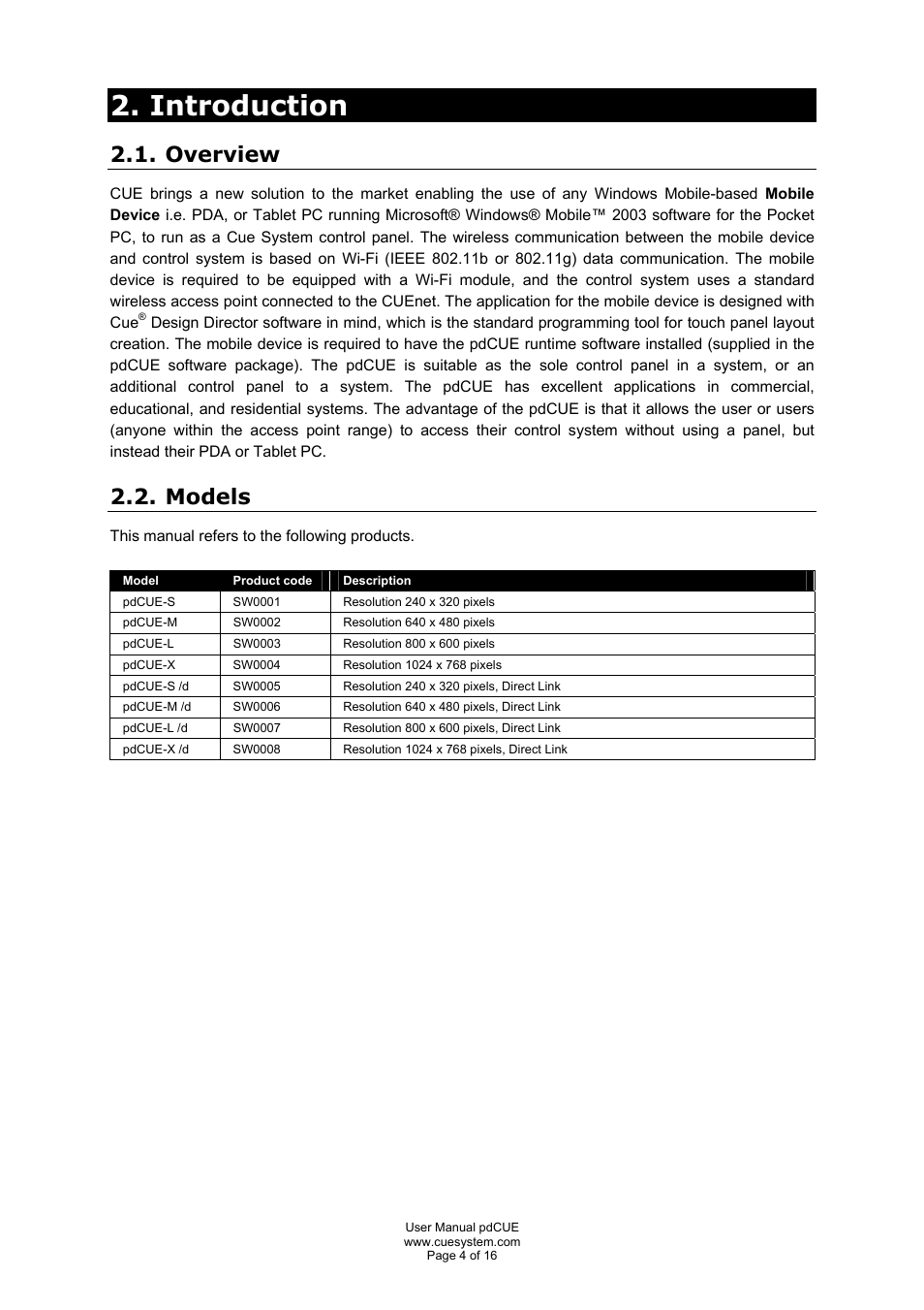 Introduction, Overview, Models | CUE pdCUE User Manual | Page 4 / 16