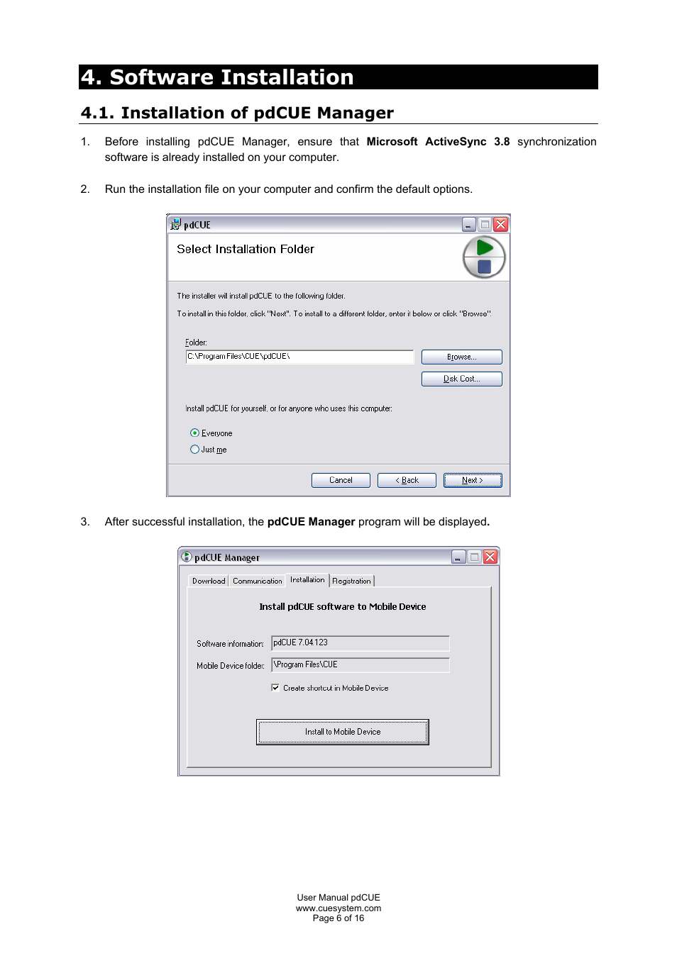Software installation, Installation of pdcue manager | CUE pdCUE User Manual | Page 6 / 16
