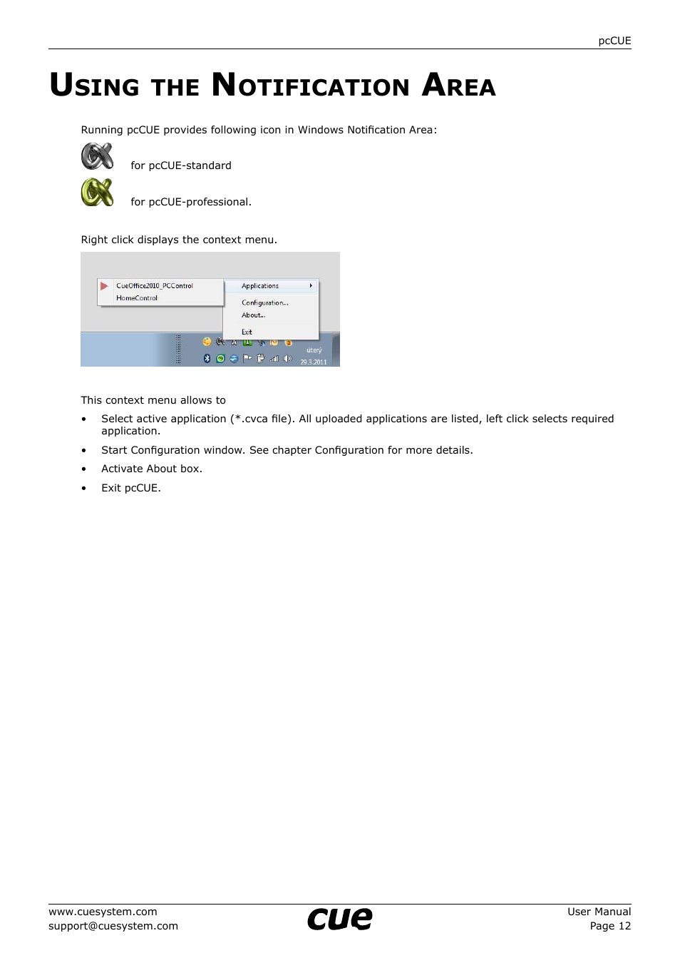 Using the notification area, 12 u, Sing | Otification | CUE pcCUE User Manual | Page 12 / 17