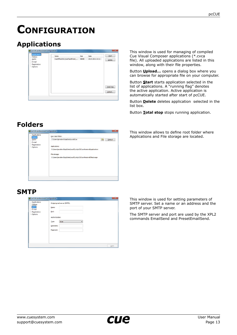 Configuration, Applications, Folders | Smtp, 13 c, Onfiguration, 13 applications 13 folders 13 smtp | CUE pcCUE User Manual | Page 13 / 17