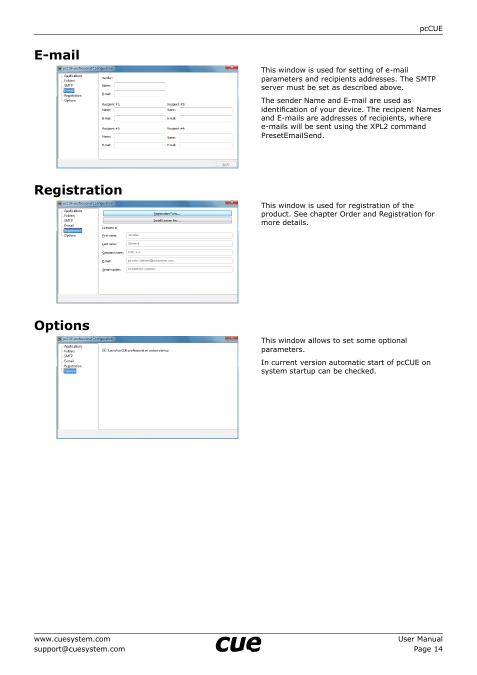 E-mail, Registration, Options | 14 e-mail 14 registration 14 options | CUE pcCUE User Manual | Page 14 / 17