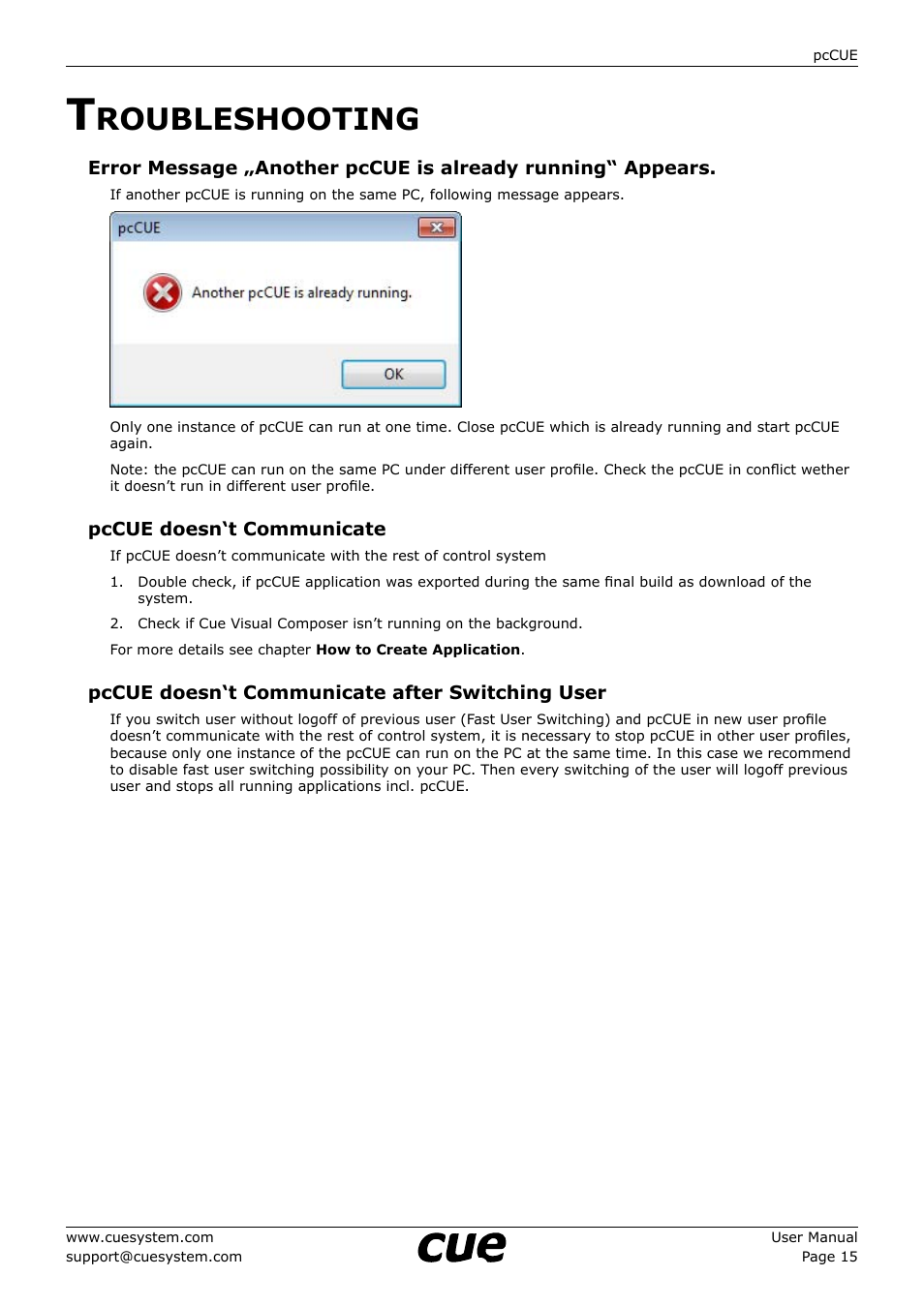 Troubleshooting, 15 t, Roubleshooting | CUE pcCUE User Manual | Page 15 / 17