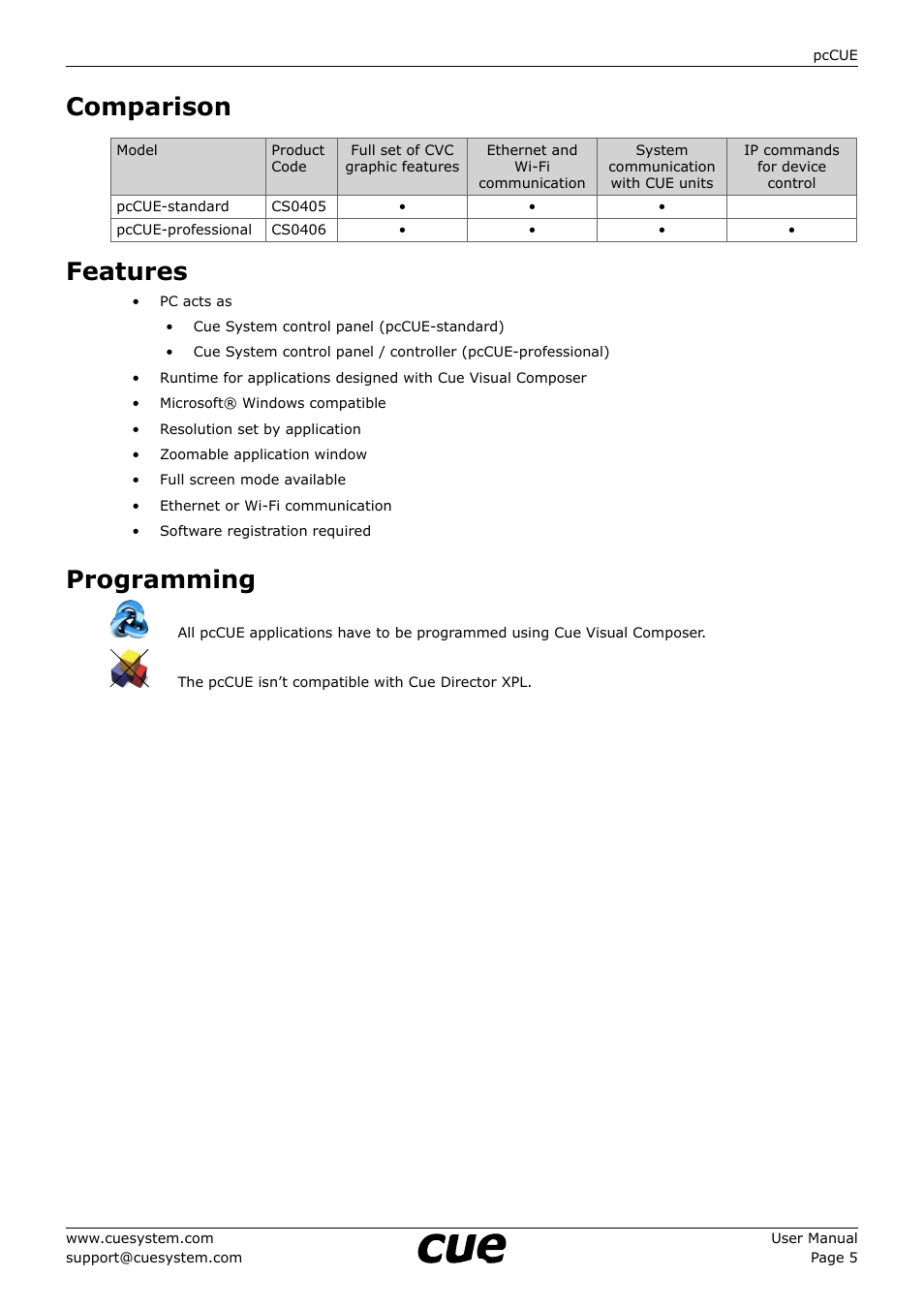 Comparison, Features, Programming | 5 features 5 | CUE pcCUE User Manual | Page 5 / 17