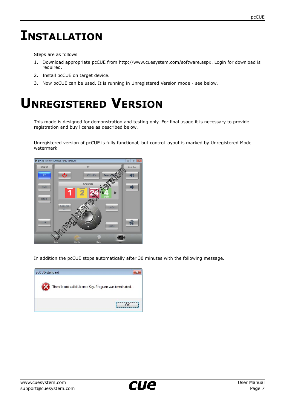 Installation, Unregistered version, Nstallation | Nregistered, Ersion | CUE pcCUE User Manual | Page 7 / 17