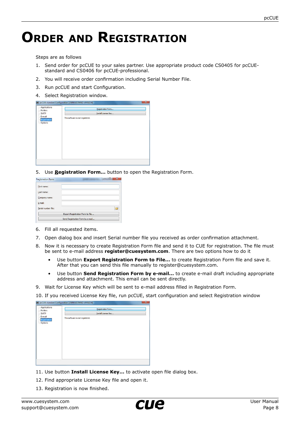 Order and registration, Rder, Egistration | CUE pcCUE User Manual | Page 8 / 17