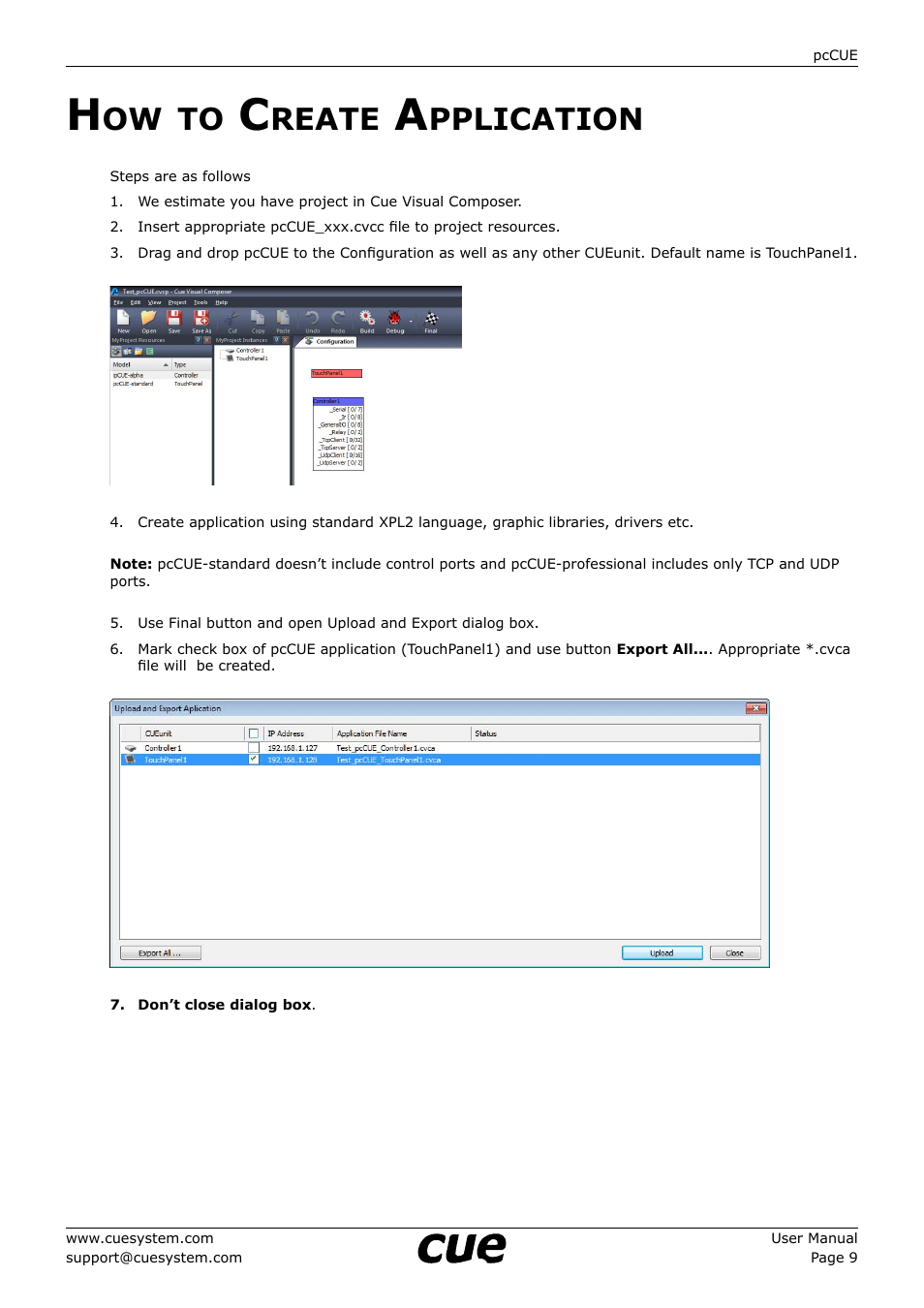 How to create application, Reate, Pplication | CUE pcCUE User Manual | Page 9 / 17