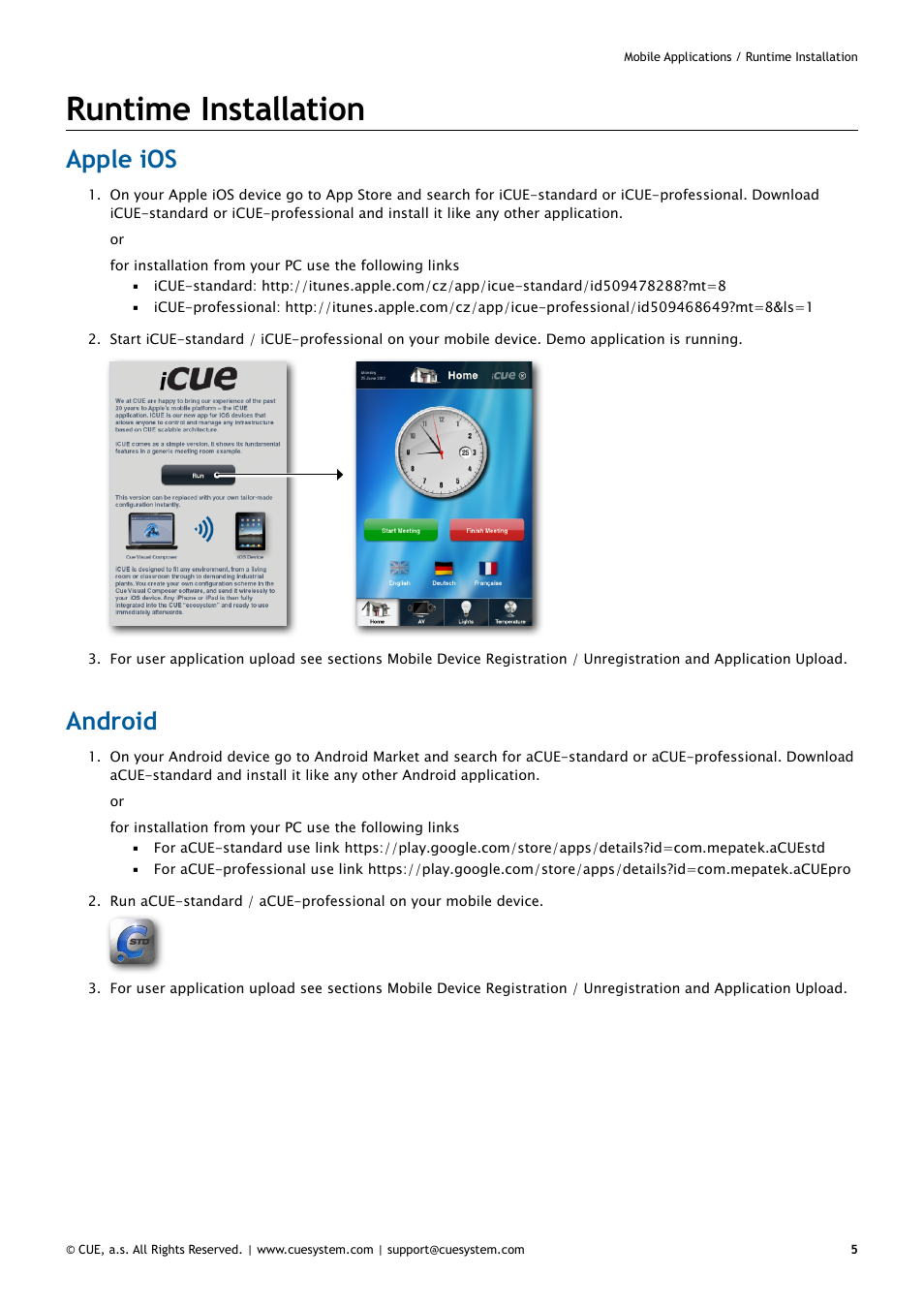 Runtime installation, Apple ios, Android | 5 android | CUE iCUE User Manual | Page 5 / 12