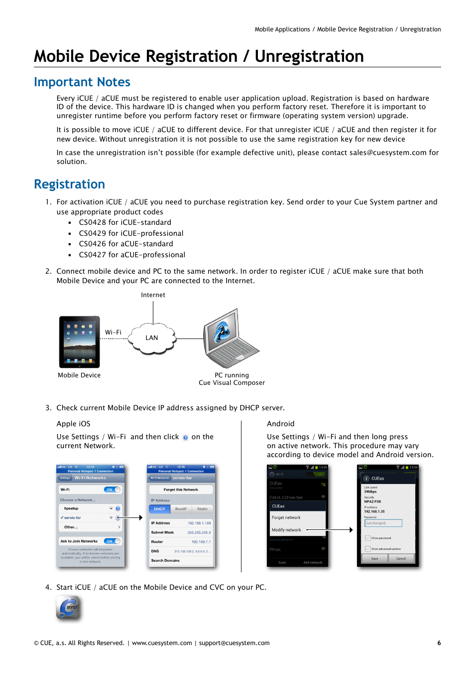 Mobile device registration / unregistration, Important notes, Registration | 6 registration | CUE iCUE User Manual | Page 6 / 12