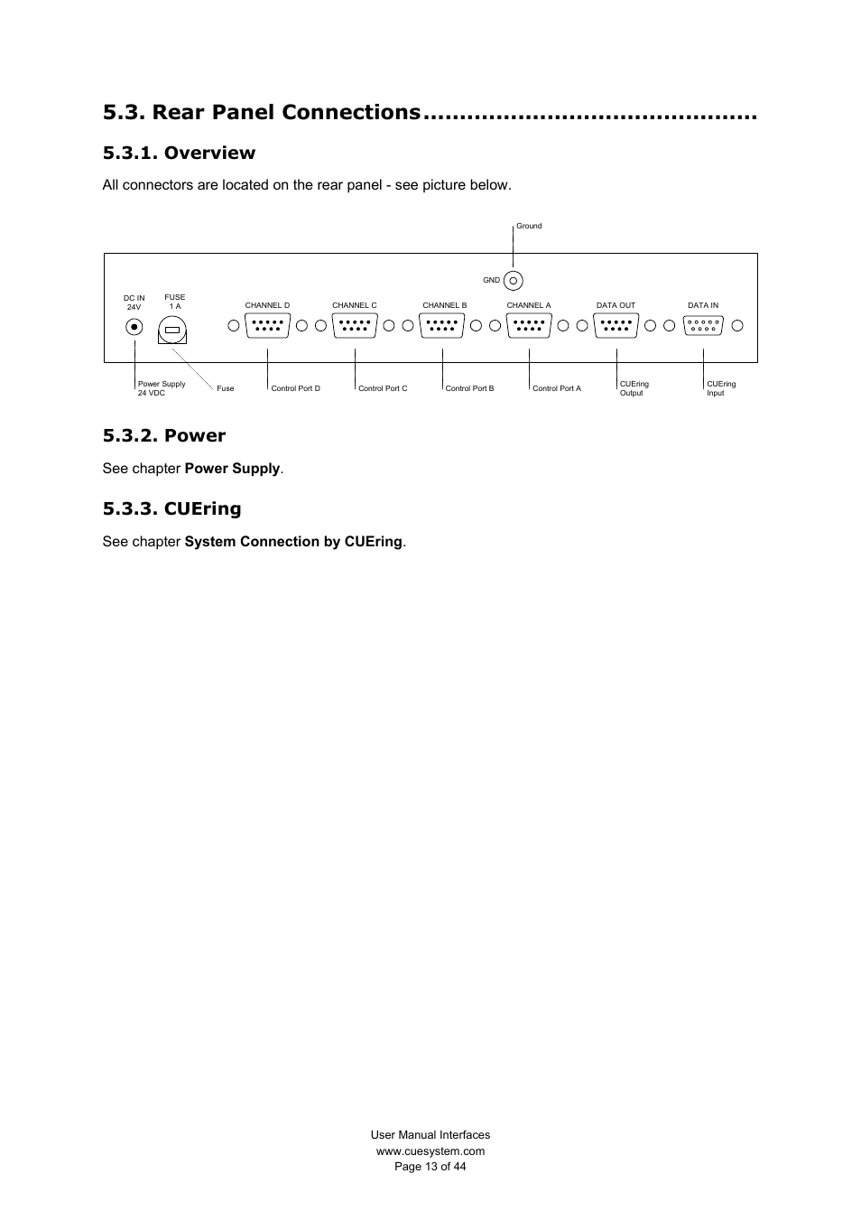 Rear panel connections, Overview, Power | Cuering, See chapter power supply, See chapter system connection by cuering | CUE smartCUE User Manual | Page 13 / 44