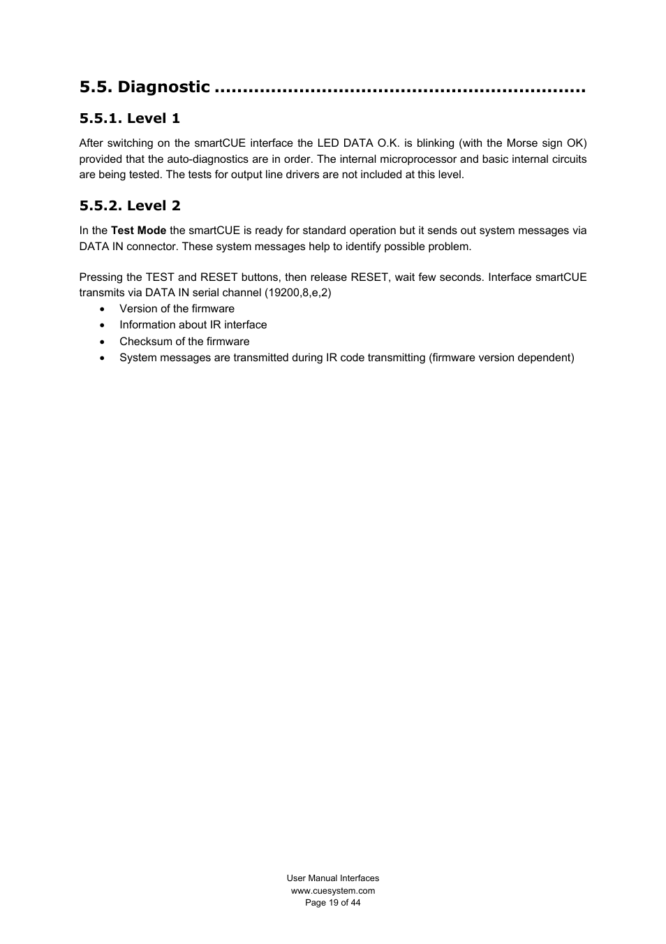 Diagnostic, Level 1, Level 2 | CUE smartCUE User Manual | Page 19 / 44