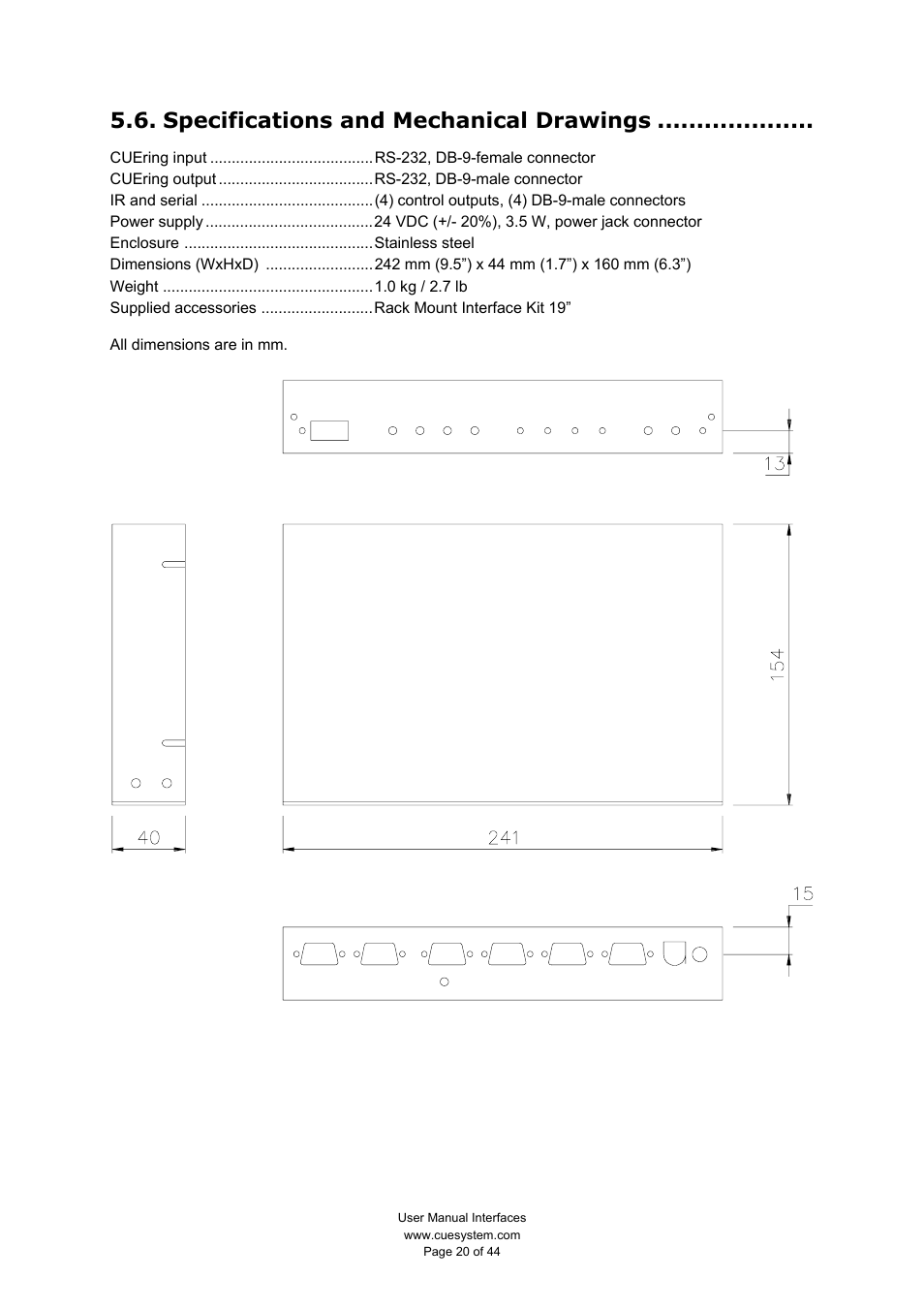 Specifications and mechanical drawings | CUE smartCUE User Manual | Page 20 / 44