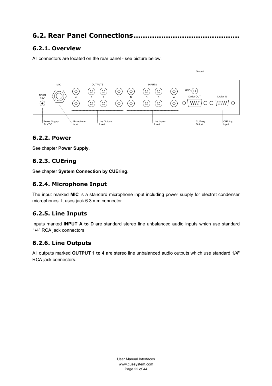 Rear panel connections, Overview, Power | Cuering, Microphone input, Line inputs, Line outputs, See chapter power supply, See chapter system connection by cuering | CUE smartCUE User Manual | Page 22 / 44