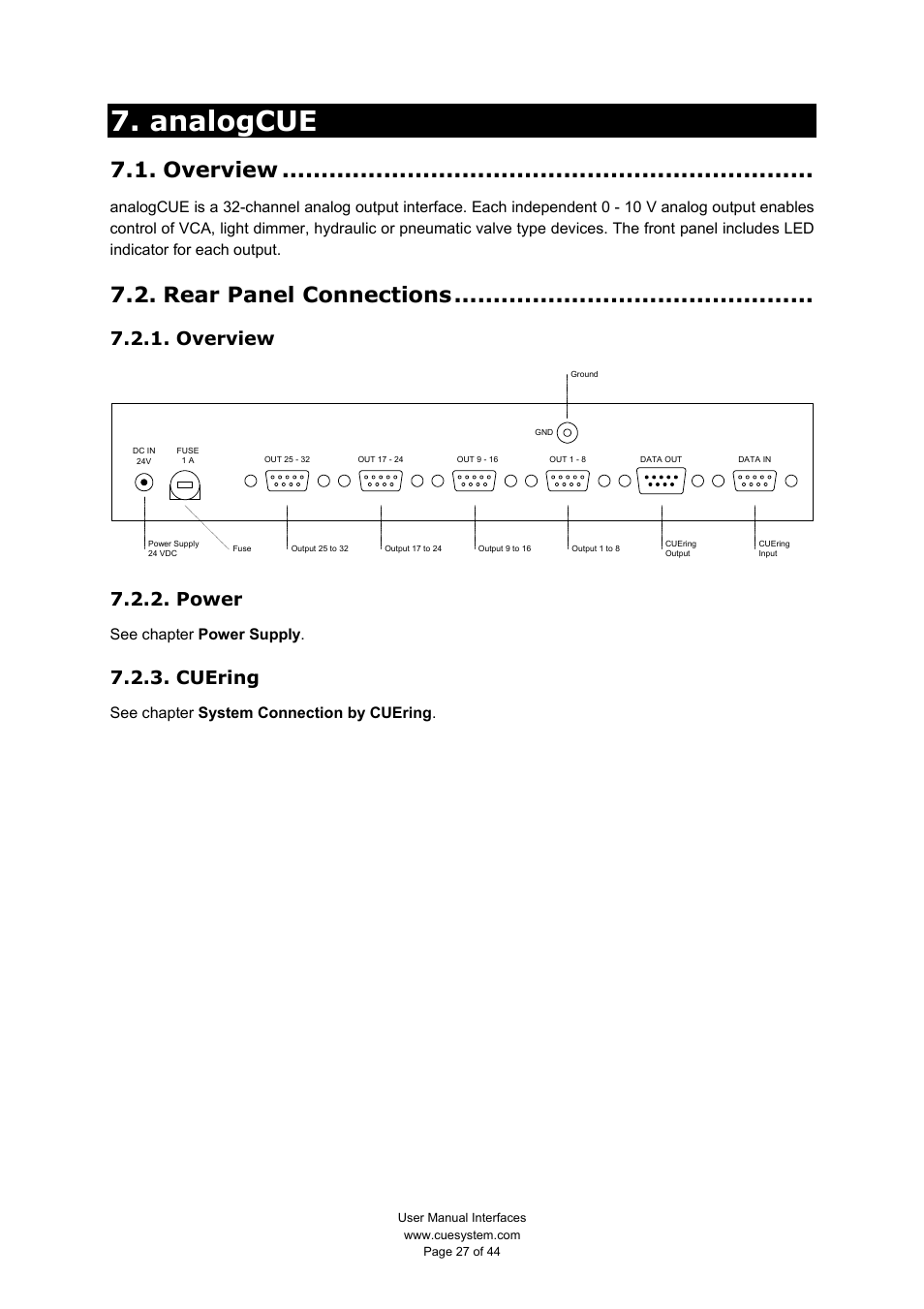 Analogcue, Overview, Rear panel connections | Power, Cuering, See chapter power supply, See chapter system connection by cuering | CUE smartCUE User Manual | Page 27 / 44