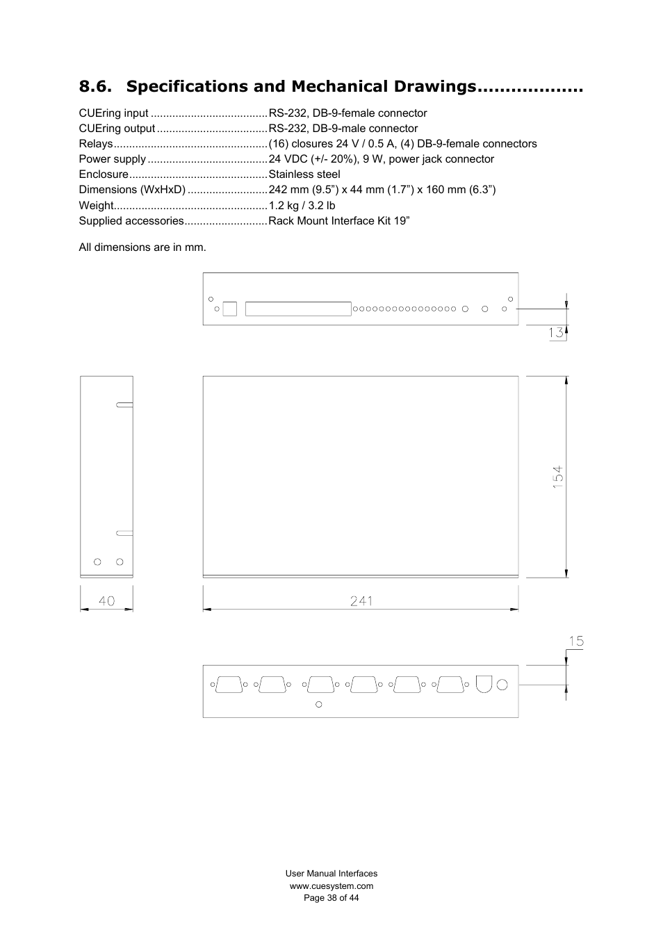 Specifications and mechanical drawings | CUE smartCUE User Manual | Page 38 / 44