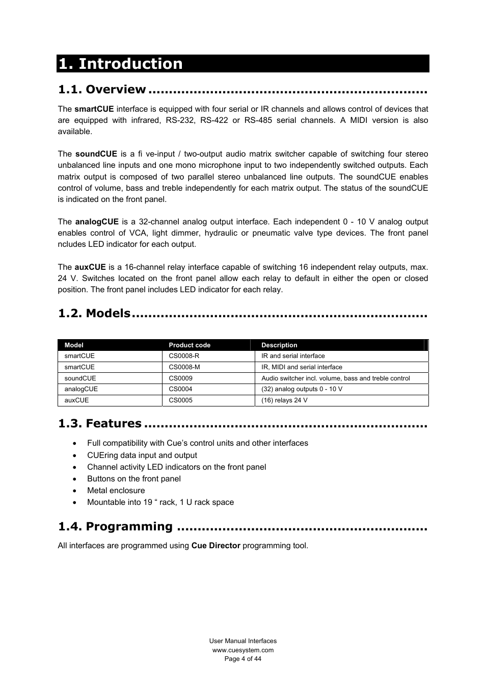 Introduction, Overview, Models | Features, Programming | CUE smartCUE User Manual | Page 4 / 44