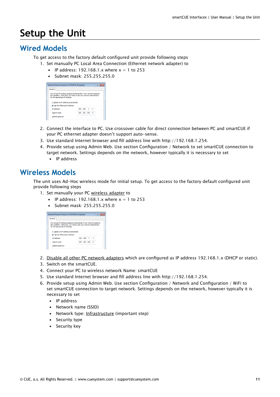 Setup the unit, Wired models, Wireless models | 11 wired models 11 wireless models | CUE smartCUE Interfaces User Manual | Page 11 / 32