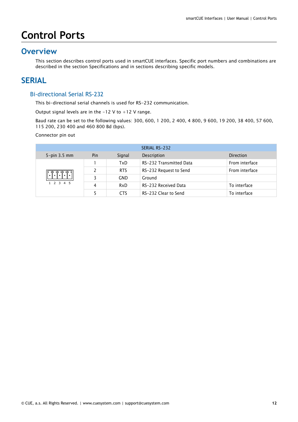 Control ports, Overview, Serial | 12 overview 12 serial, Bi-directional serial rs-232 | CUE smartCUE Interfaces User Manual | Page 12 / 32