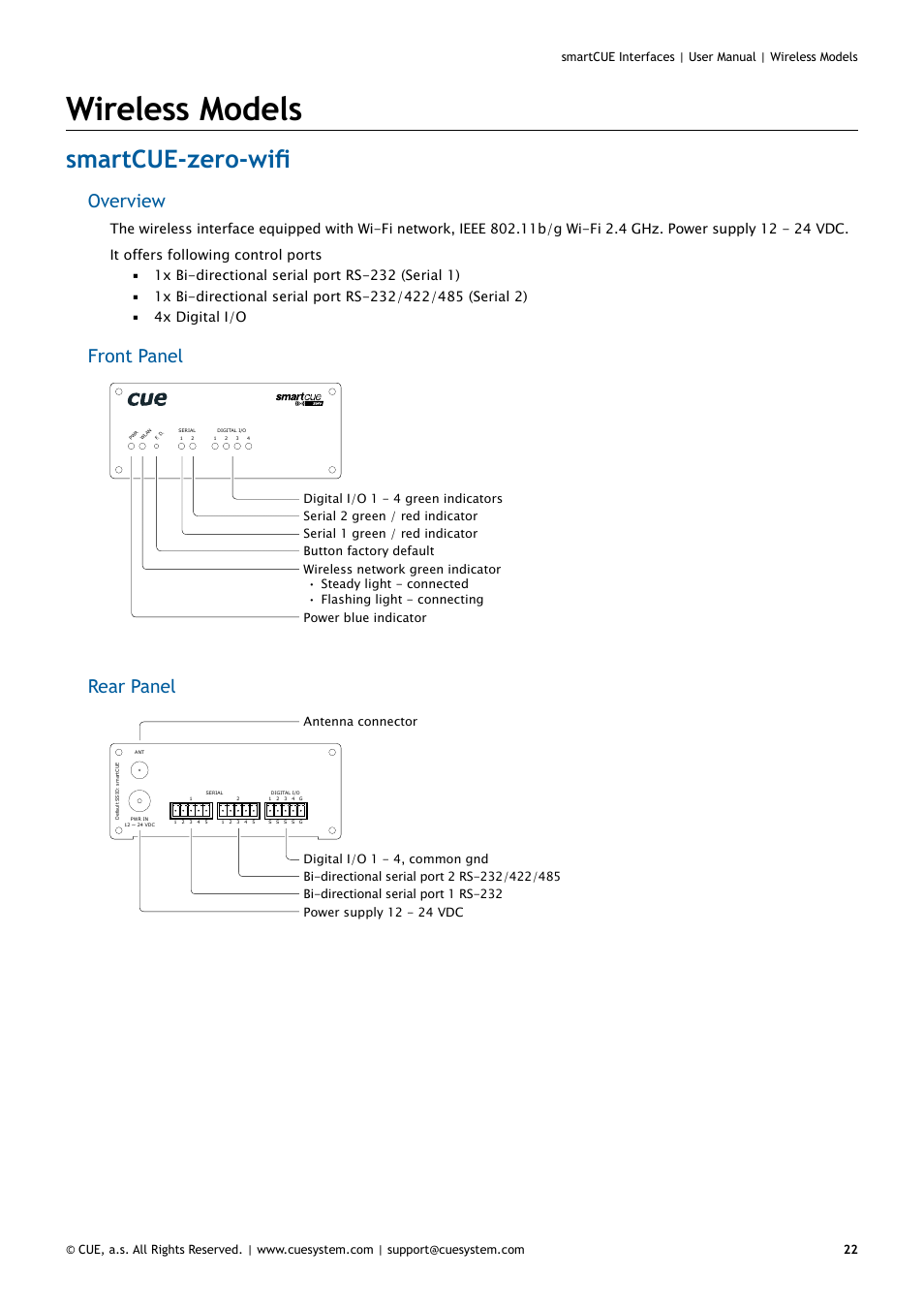 Wireless models, Smartcue-zero-wifi, 22 smartcue-zero-wifi | Overview, Front panel, Rear panel | CUE smartCUE Interfaces User Manual | Page 22 / 32